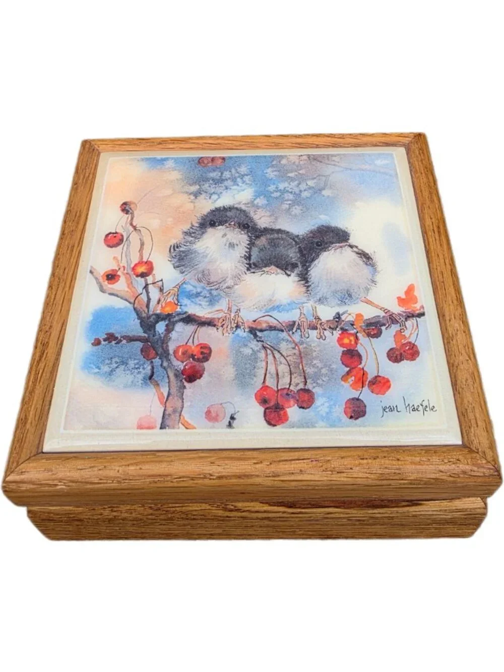 VTG Jean Haefele Signed Ceramic Art Tile Oak Trinket Box Chickadee Birds